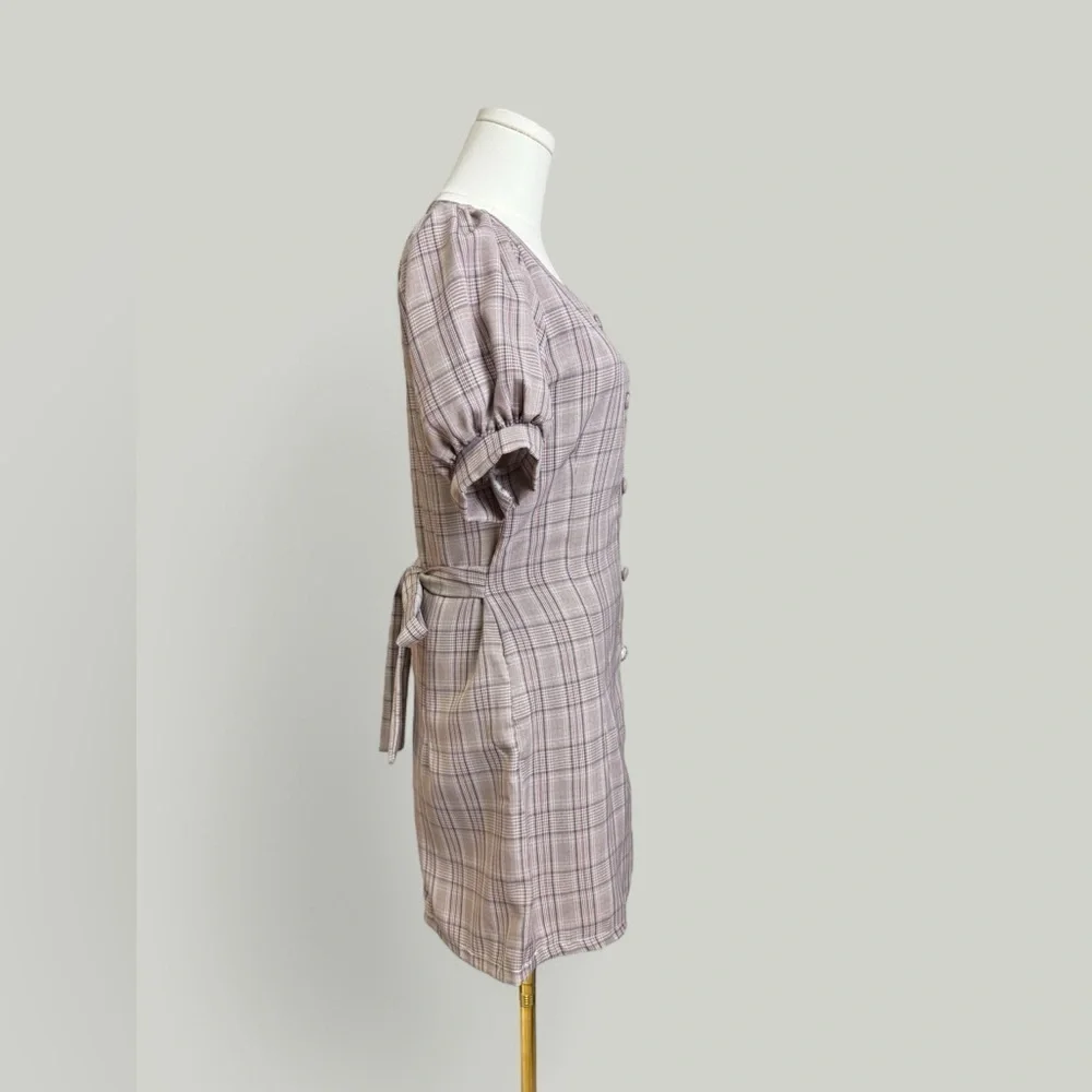 Plaid Dress Women Size Medium Brown Midi Sweetheart Neckline Puff Short Sleeves - Picture 3 of 11